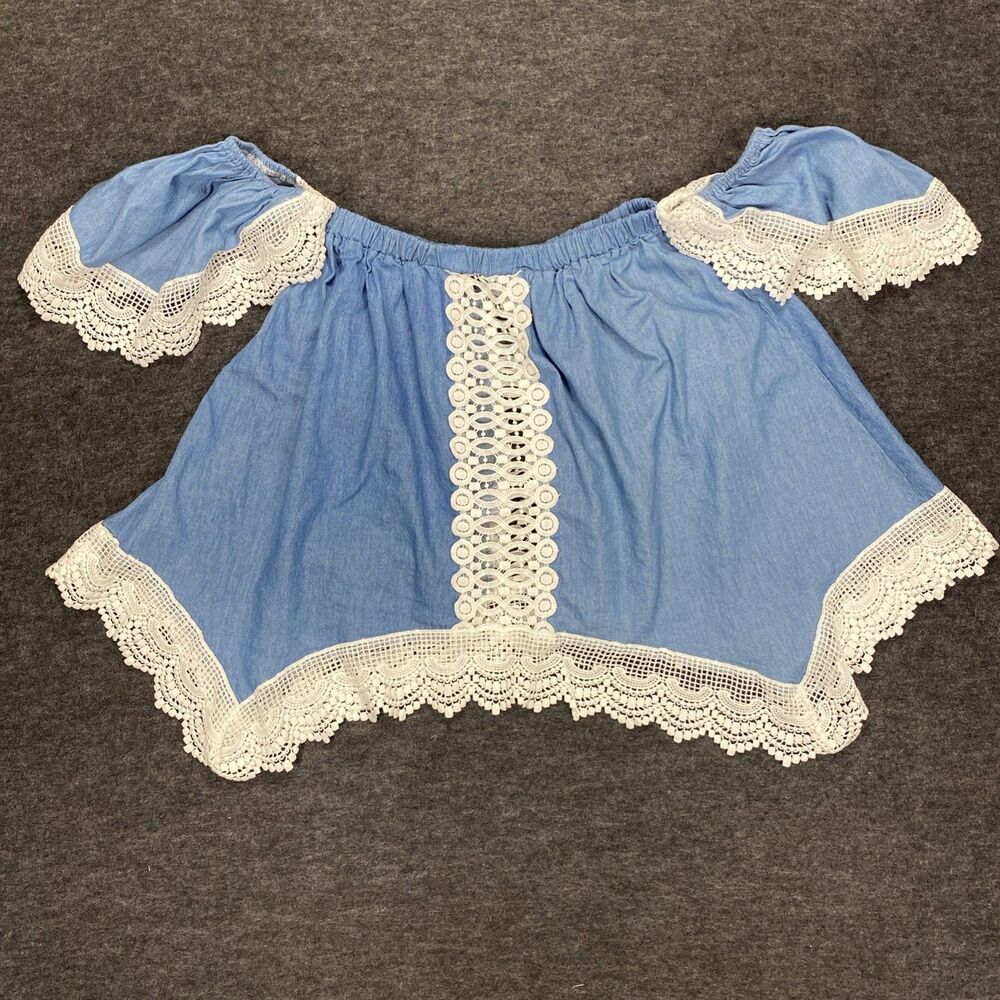 Vivid Women's Off The Shoulder Chambray Blue and Lace Cropped Top size Medium